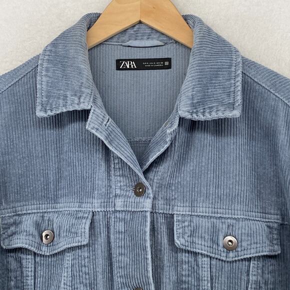 ZARA Jacket Womens S Wide Wale Corduroy Trucker Oversized Fringed Button Up Blue - Picture 6 of 13